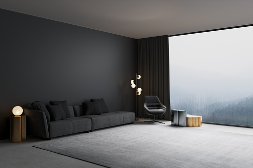 3d render. Modern living room with with mountain view