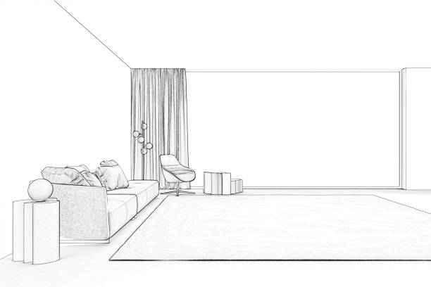 3d render. Sketch of living room with panoramic window