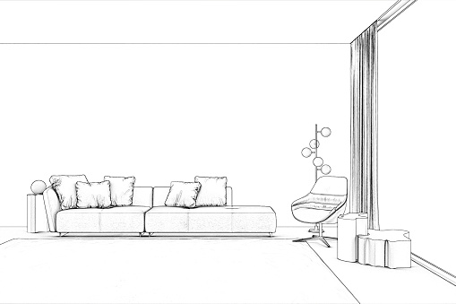 3d render. Sketch of living room with panoramic window