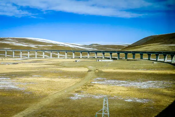 Qinghai-Tibet railway line, elevated above the icy permafrost of the Tibetan plateau near Lhasa