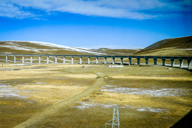 linia kolejowa qinghai-tybet, wzniesiona nad lodowatą wieczną zmarzliną płaskowyżu tybetańskiego w pobliżu lhasy - west china zdjęcia i obrazy z banku zdjęć