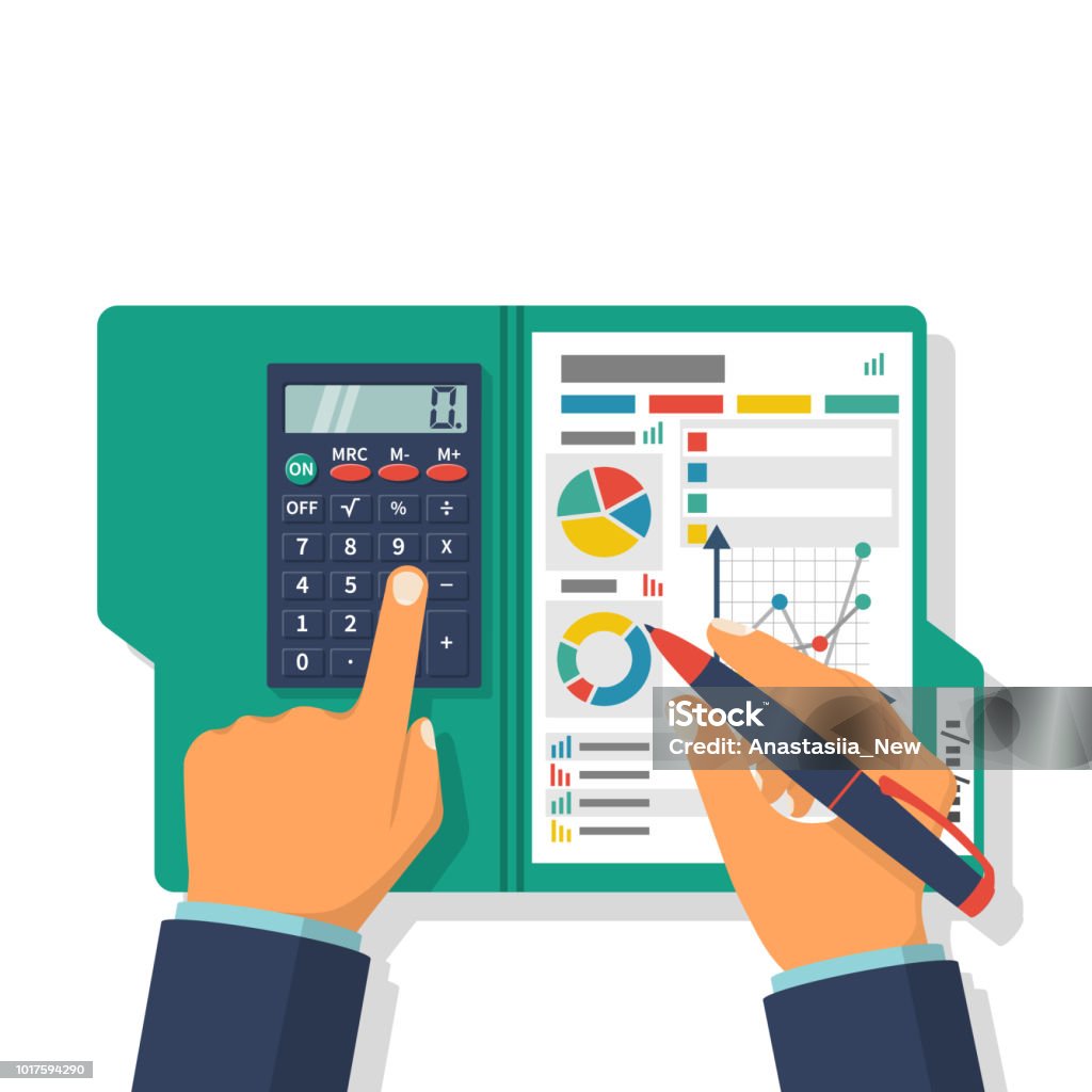 Financial accounting concept Financial accounting concept. Organization process, analytics, research, planning, report, market analysis. Flat style vector. Businessman holding pen, clipboard financial tables, graphs. Budget stock vector