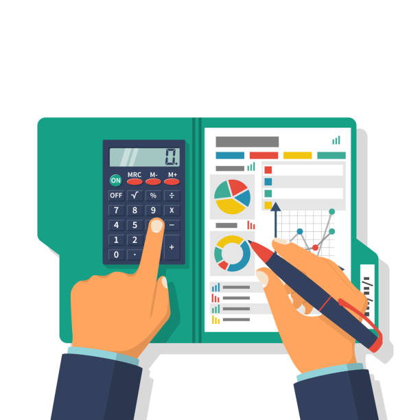 Financial accounting concept Financial accounting concept. Organization process, analytics, research, planning, report, market analysis. Flat style vector. Businessman holding pen, clipboard financial tables, graphs. accounting firm stock illustrations