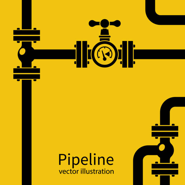 Pipeline background black silhouette Pipeline background black silhouette. Pipe system with valves for water of gas oil. Vector illustration flat design. Isolated on yellow industrial background. plumber pipe stock illustrations