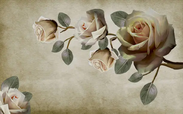 Photo Wallpapers roses painted with oil paint. 3D rendering.
