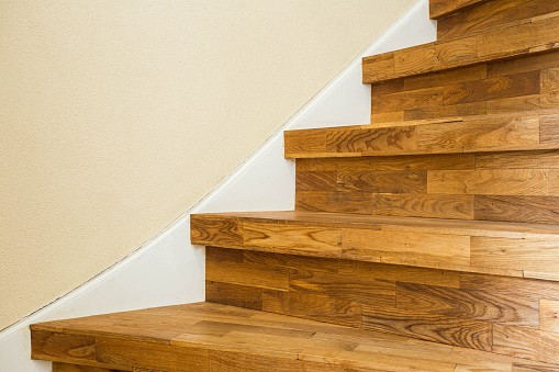 Part of the wooden stairs, close up modern home design new