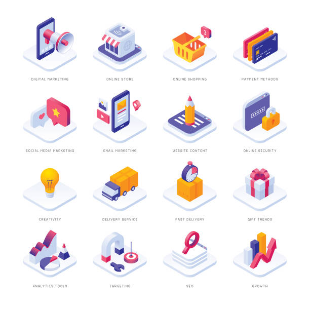 Ecommerce isometric icons Editable set of vector icons on layers. 
This is an AI EPS 10 file format, with transparency effects. isometric projection stock illustrations