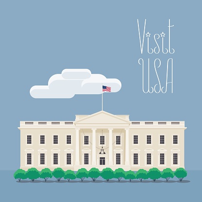 Visit USA, Washington image with White house vector illustration, poster. Design element with American president's house for travel to America concept