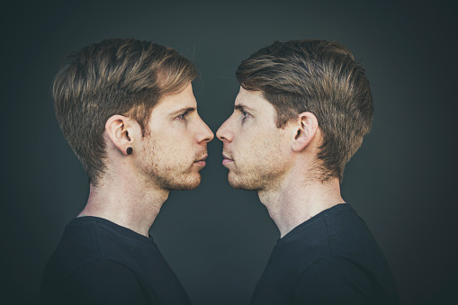 twin brothers face to face portrait, side view.