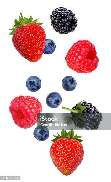 Berries In The Air Falling Blackberry Raspberry Blueberry And Strawberry Fruits Isolated On White Background Stock Photo - Download Image Now