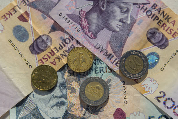 istock Albanian coins and banknotes on the beach. 1017647458