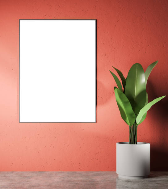 istock Red empty room interior, poster and plant 1017666594