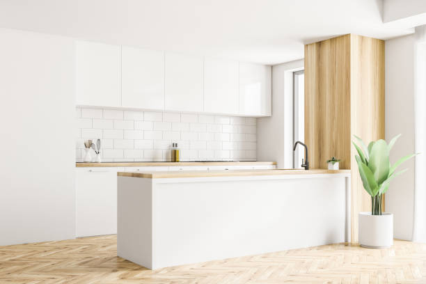 istock White island in white and wooden kitchen side view 1017666604
