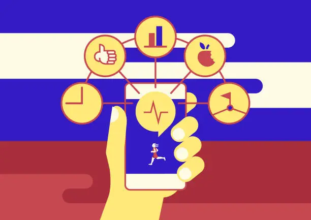 Vector illustration of Smartphone in a hand with Fitness Technology