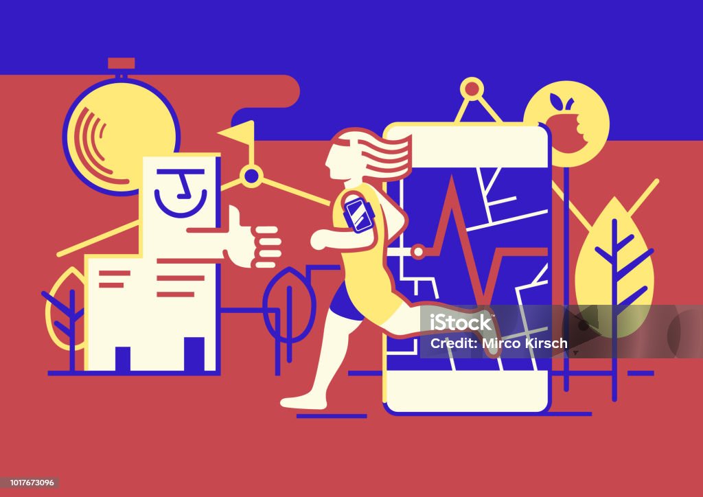 Runner using Smartphone with Fitness Technology The picture shows a runner jogging through a city. He uses a smartphone that monitors fitness and exercise data from his fitness peck and gives feedback. The landscape consists of elements of a fitness app. Adult stock vector