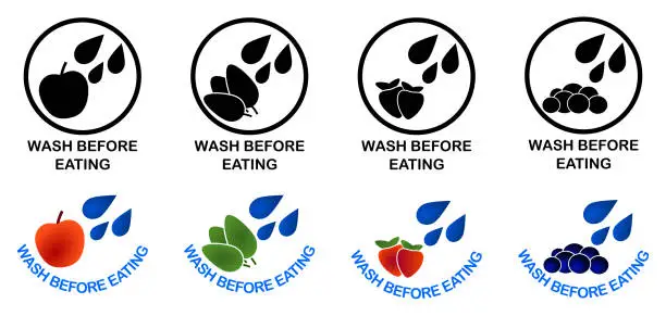 Vector illustration of Wash before eating set of symbols. Black and color version sign, drops of water falling on apple, green leaves, strawberries and blueberries.
