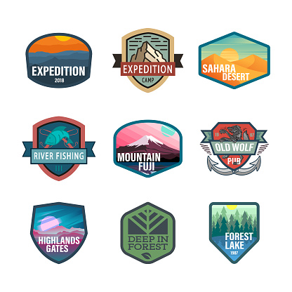 Travel, nature, hiking, hipster, Picnic, USA, Logo icon set