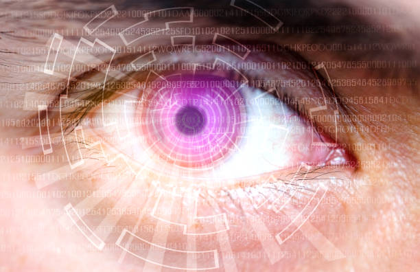 istock Image closeup of man eye of the  future screen scanning code cyber .Concept technology eye 1017689428