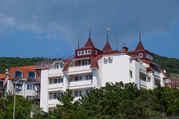 A multi-storey house on a mountain. Hotel for holidaymakers