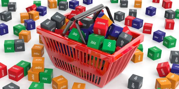 istock Domain names cubes in a shopping basket. 3d illustration 1017702882