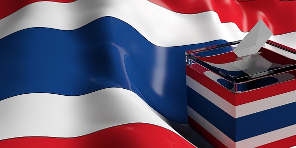 Glass ballot box on Thailand flag background, 3d illustration
