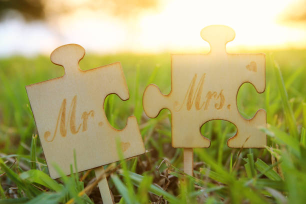istock Mr and Mrs sign. Two puzzle pieces placed in the grass during sunset time. harmony and wedding concept. 1017707160