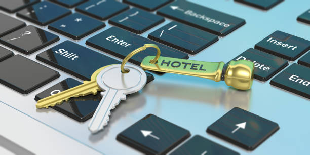istock Hotel room keys on a keyboard. 3d illustration 1017713752