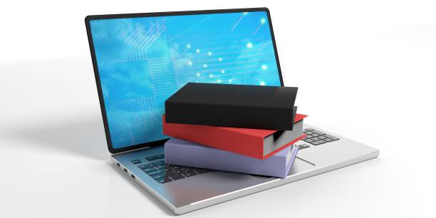 istock Books on a laptop on white background. 3d illustration 1017714086