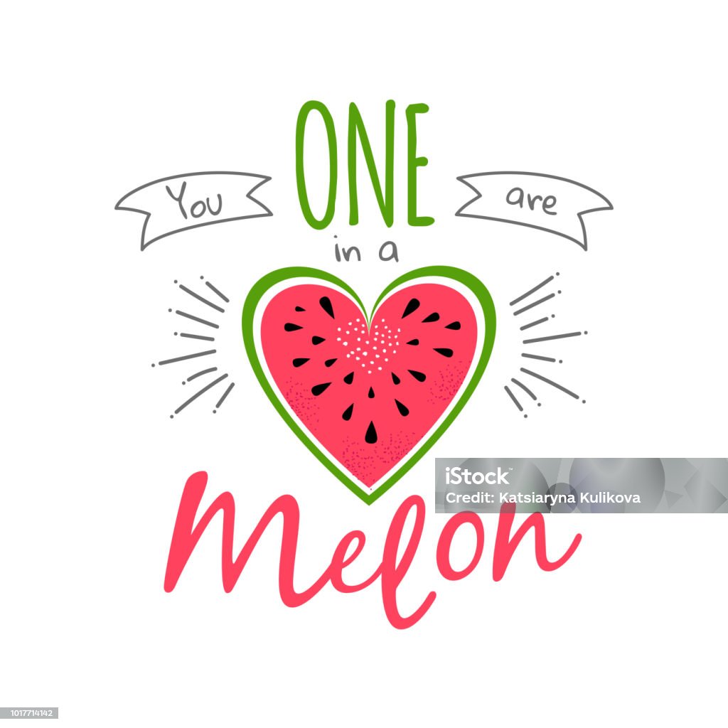 one in a melon girl print watermelon Cute love print with watermelon and lettering You are one in a melon. Summer greeting card design. Green and red watermelon heart. Vector fruit design for t-shirt. Background with cartoon illustration and quote. Watermelon stock vector