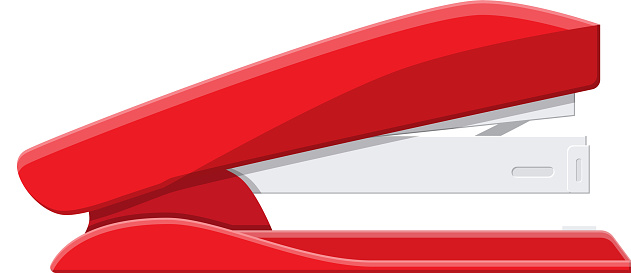 Red plastic stapler. Device for fastening sheets. Office and school equipment, stationery. Vector illustration in flat style