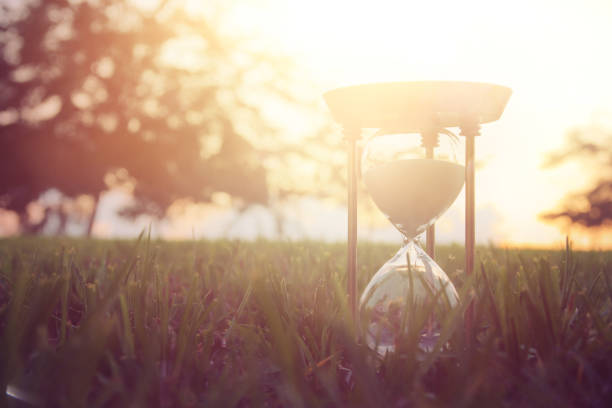 istock Hourglass in the grass time during sunset. vintage style. 1017718678