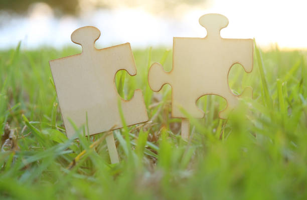 istock Two puzzle pieces placed in the grass during sunset time with lens flare. creativity and connectivity idea. 1017718680