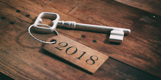 istock Old key with year 2018 label on a wooden background. 3d illustration 1017718884