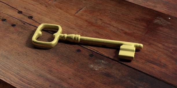 istock Old key on a wooden background. 3d illustration 1017718926