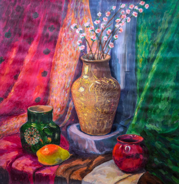 istock Still-life drawing watercolor. Vase and pots, pear fruit 1017724432