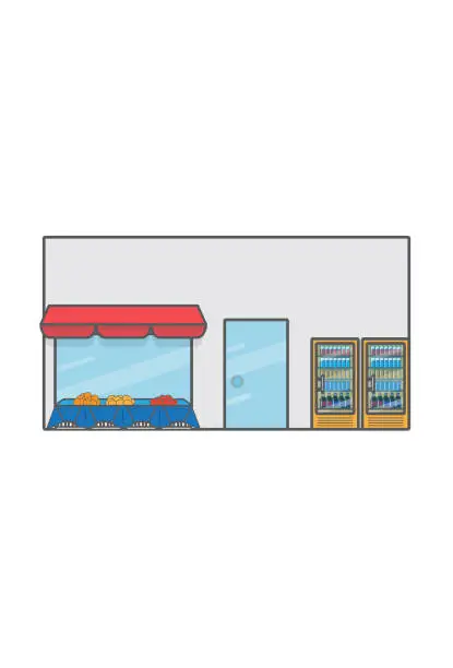 Vector illustration of Marketplace with refrigerator and counter