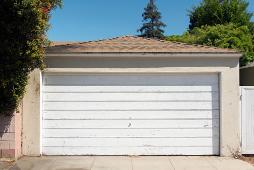 A view of a wooden garage door in Santa Monica, California