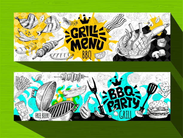 Barbecue banner posters grilled food, sausages, chicken, french fries, steaks, fish, BBQ grill party. Barbecue banner posters grilled food, sausages, chicken, french fries, steaks, fish, grill menu BBQ party. Set trendy sketch style cards typography chalkboard. Hand drawn vector illustration. chef cooking flames stock illustrations