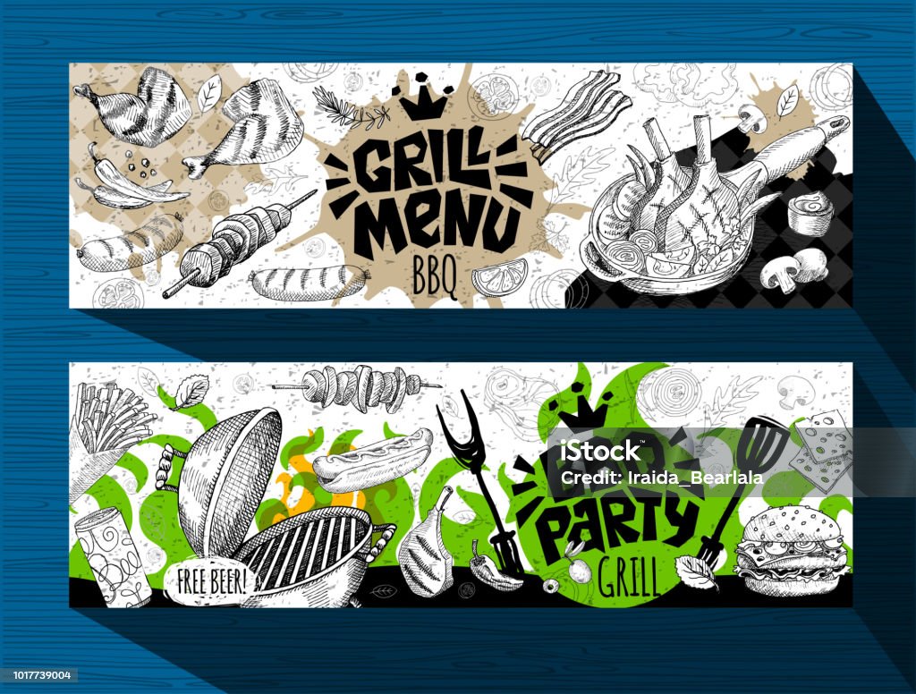 Barbecue banner posters grilled food, sausages, chicken, french fries, steaks, fish, BBQ grill party. Barbecue banner posters grilled food, sausages, chicken, french fries, steaks, fish, grill BBQ party. Set trendy sketch style cards typography chalkboard. Hand drawn vector illustration. Barbecue - Social Gathering stock vector