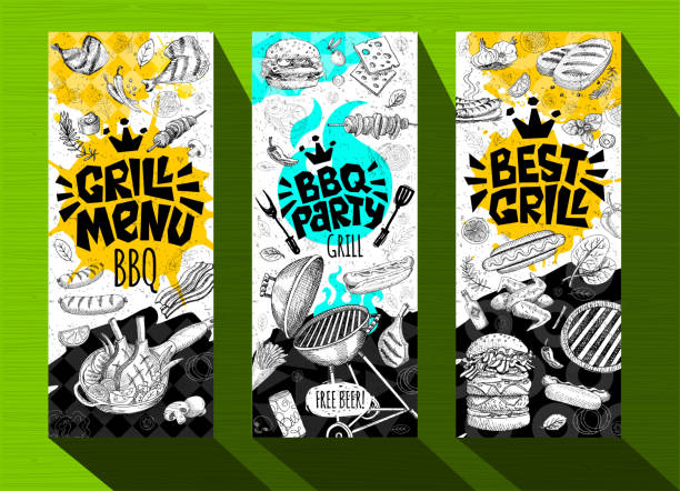Barbecue banner posters grilled food, sausages, chicken, french fries, steaks, fish, BBQ grill party. Barbecue banner posters grilled food, sausages, chicken, french fries, steaks, fish, grill BBQ party. Set trendy sketch style cards typography chalkboard. Hand drawn vector illustration. bbq stock illustrations