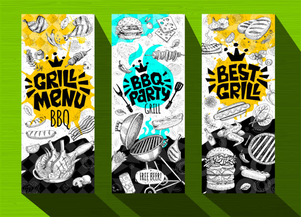 Barbecue banner posters grilled food, sausages, chicken, french fries, steaks, fish, BBQ grill party. Barbecue banner posters grilled food, sausages, chicken, french fries, steaks, fish, grill BBQ party. Set trendy sketch style cards typography chalkboard. Hand drawn vector illustration. appliance fire stock illustrations