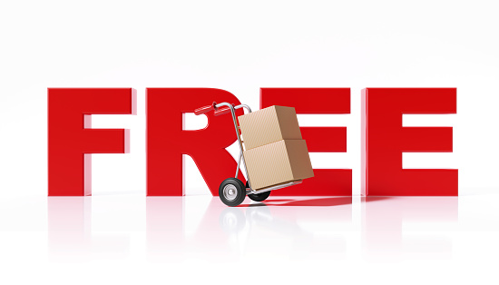 Red free text and a hand truck carrying a box  on white background. Horizontal composition with copy space.