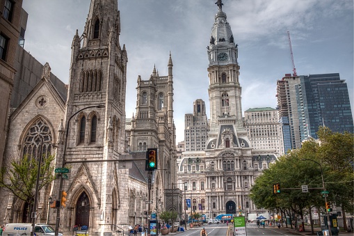 Philadelphia, Pa. USA, Aug. 11, 2018: Philadelphia City Hall and Arch Street United Methodist Church in Philadelphia, Pa. USA