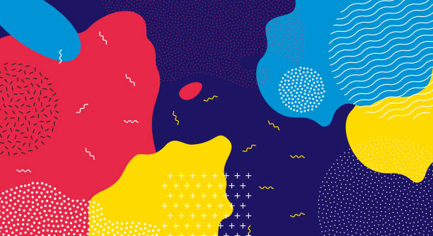 ilustraciones, imágenes clip art, dibujos animados e iconos de stock de arte abstracto pop puntos y línea de color de fondo. salpicaduras líquidos vector overlay diseño geométrico con el moderno estilo de memphis - azul ilustraciones