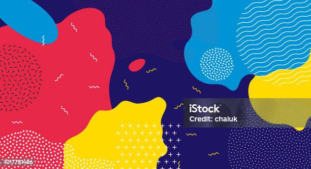Abstract Pop Art Line And Dots Color Pattern Background Vector Liquid Splash Overlay Geometric Design With Trendy Memphis Style Stock Illustration - Download Image Now