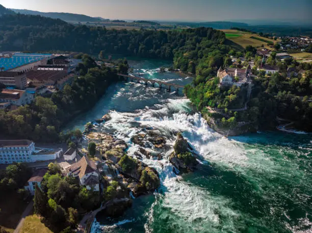 Rhine Falls (Rheinfall) waterfalls with Schloss Laufen castle, Neuhausen near Schaffhausen, Canton Schaffhausen, Switzerland, Europe