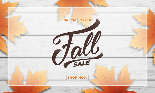 Fall sale background layout design. Fall lettering, fall leaves and wooden background. Autumn sale banner.