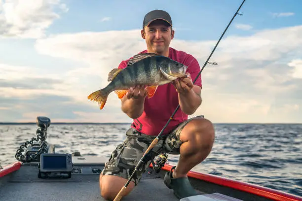 Photo of Happy fisherman with big perch fish trophy at boat