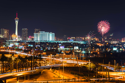 Las Vegas, United States - July 04, 2017: Fireworks at night on the 4th of July celebration in Las Vegas. Las Vegas is the most popular destination for vacation and the largest city in the state of Nevada. It is about 5 hours drive  from Los Angeles.\nalso popular for casino gaming and night entertainment.