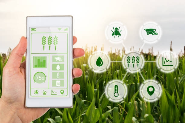 istock Agritech concept smartphone app with graphic display agricultural icons 1017812764